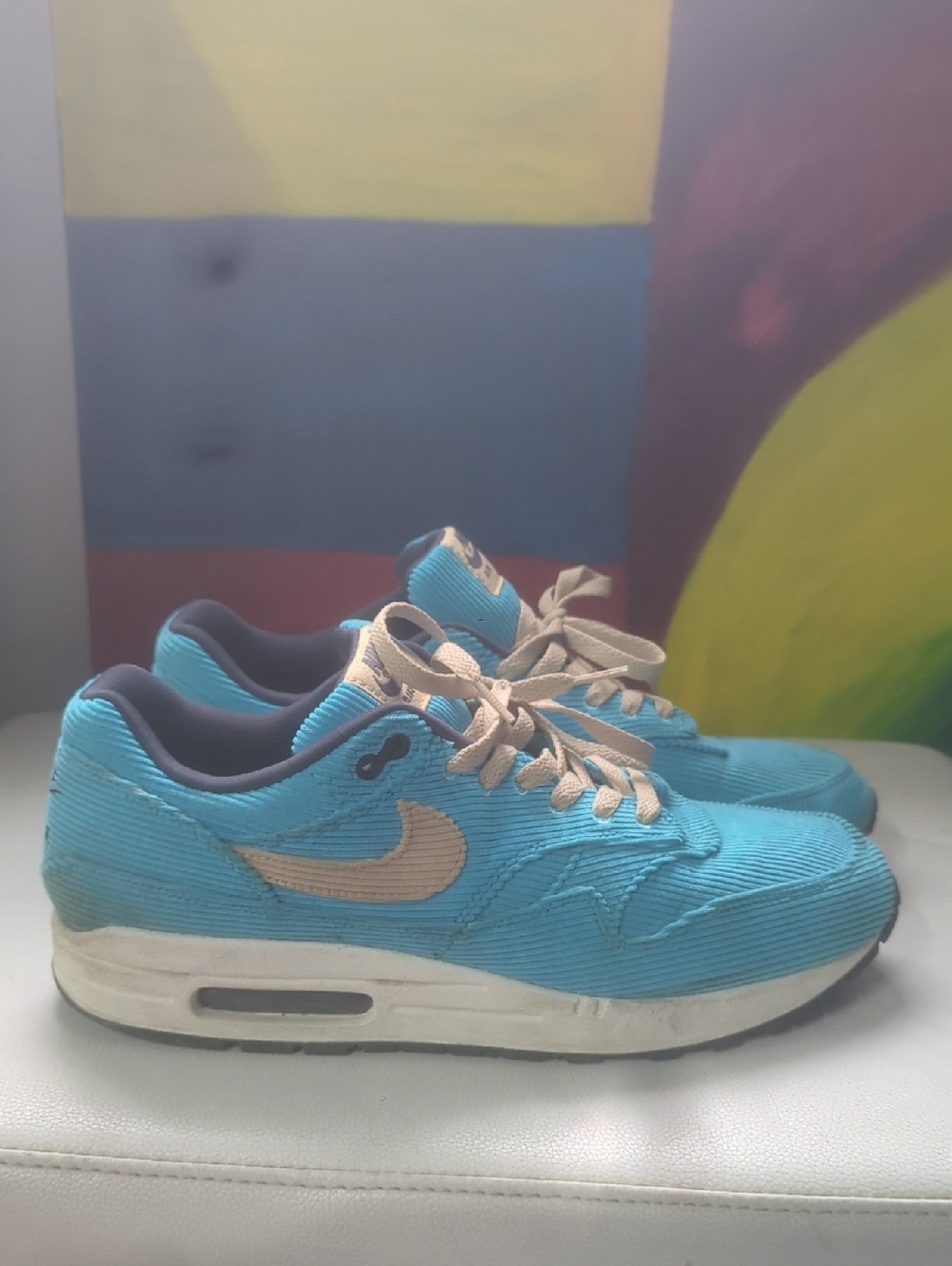 Nike Air Max Size 11 Turquoise Corduroy Sneakers with Beige Swoosh